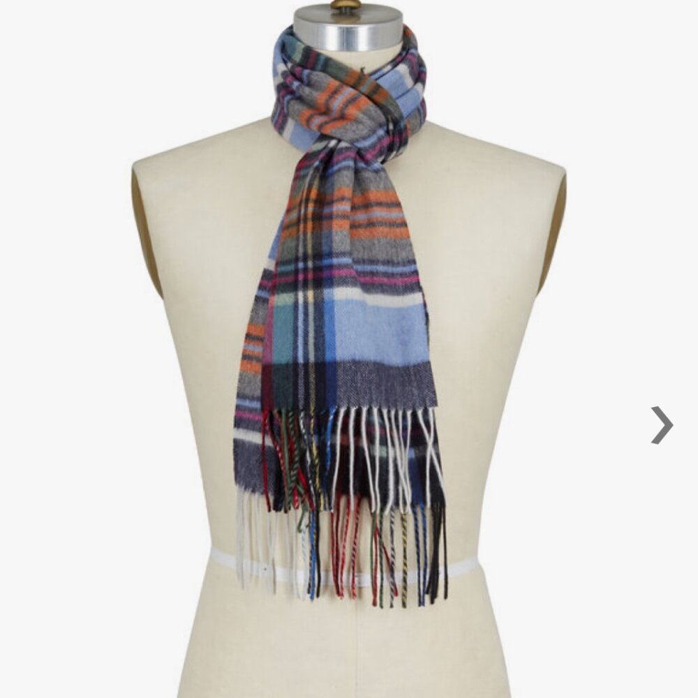 RAFFI  100% Cashmere Plaid Fringe Scarf, Multi-Color Blue | 12.5" x 68"